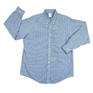 Brooks Brothers Dress Shirt 16.5 34 Blue Plaid Oxford Traditional Fit Non Iron